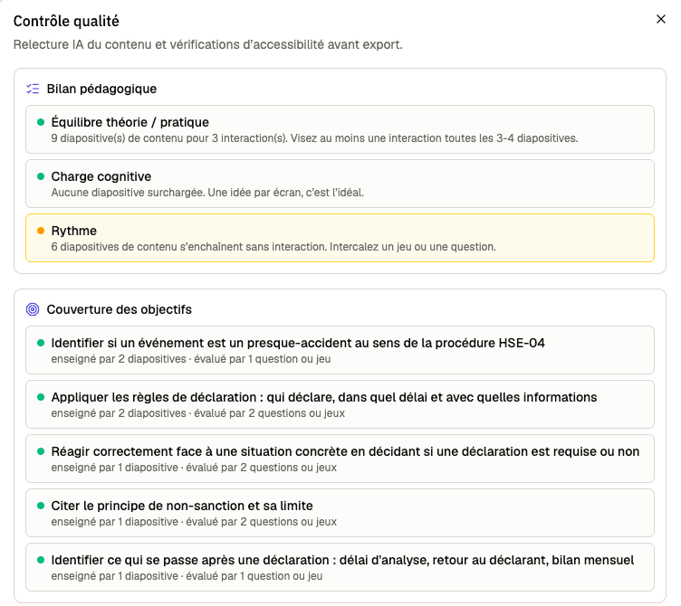 Le contrôle qualité : bilan pédagogique (équilibre, charge, rythme) et couverture de chacun des 5 objectifs par les diapositives et les questions.