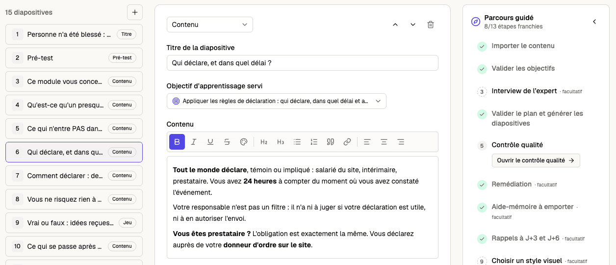 L’éditeur de Fontivia : à gauche la liste des 15 diapositives, au centre la diapositive « Qui déclare, et dans quel délai ? » en cours de relecture, à droite le parcours guidé et ses étapes franchies.