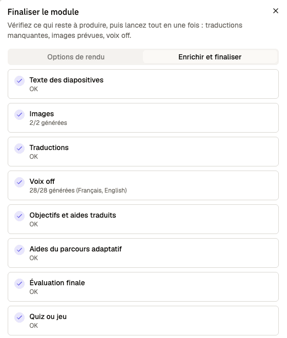 La liste de finalisation, toutes les lignes validées : texte, images 2 sur 2, traductions, voix off 28 sur 28, objectifs traduits, aides du parcours adaptatif, évaluation finale, jeu et attestation.